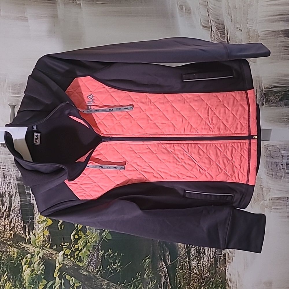 Fila Sport Womens Medium orange gray knit woven hoodie jacket sweatshirt